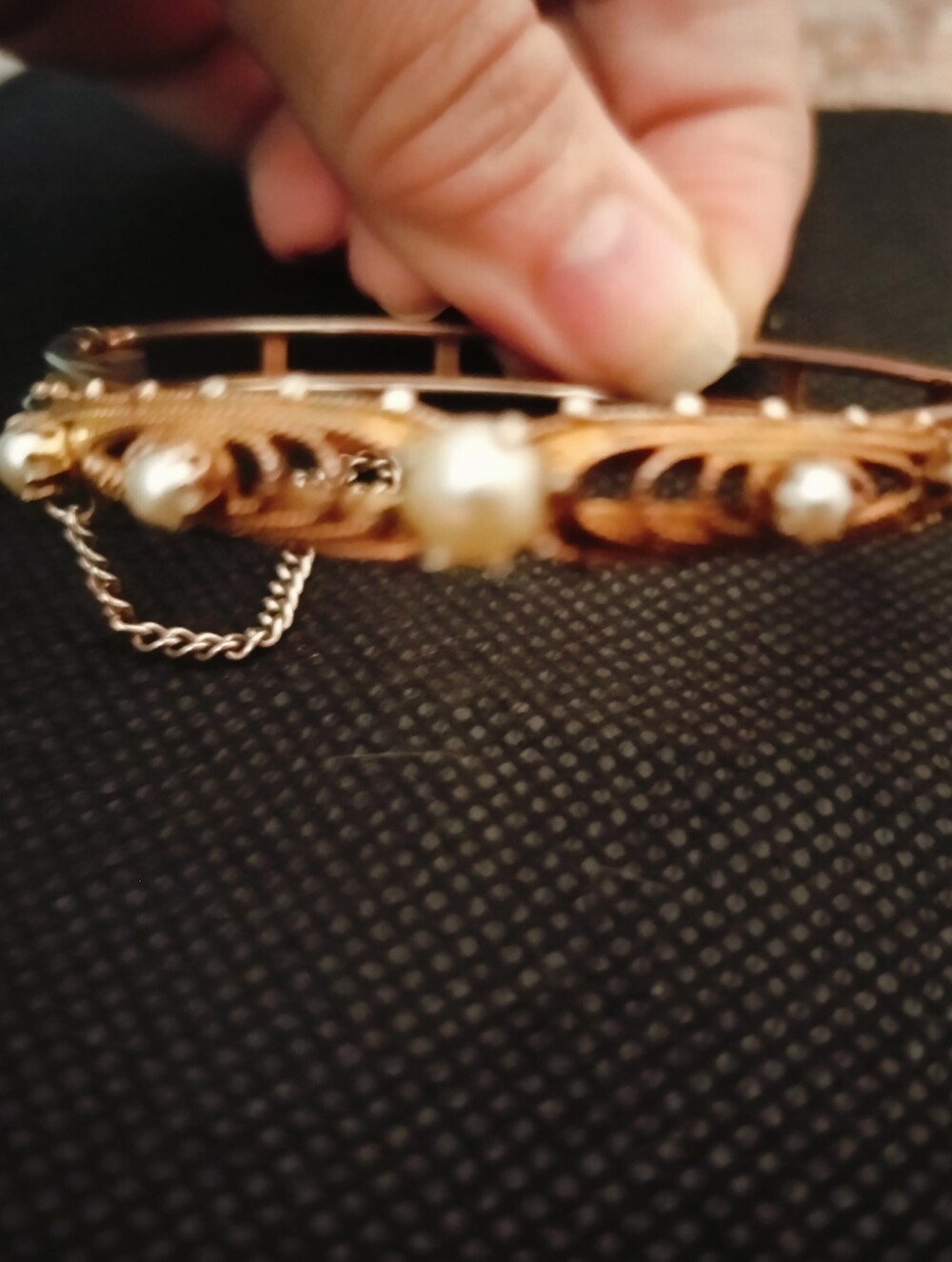 Victorian Revival Style Gold Tone Filigree Hinged Bangle Bracelet- 6.75"